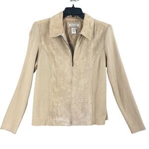 Coldwater Creek Jacket Womens Large Tan Suede Leather Knit Sleeves Full Zip